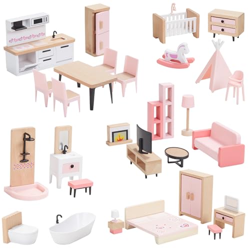 Giant bean Puppenhaus Möbel Set aus Holz, 32 Teilig, Puppenhaus Zubehör, Spielmöbel, Spielzeug für Jungen, Mädchen und Kleinkinder ab 3 Jahren, Rosa Giant bean Puppenhaus Möbel Set aus Holz, 32 Teilig, Puppenhaus Zubehör, Spielmöbel, Spielzeug für Jungen, Mädchen und Kleinkinder ab 3 Jahren, Rosa von Giant bean