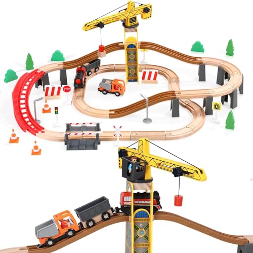 Giant bean Turmkran Holzeisenbahn Set, 72 Teiliges Batteriebetriebenes Spielzeugeisenbahngleis für Jungen und Mädchen von 3–7 Jahren von Giant bean
