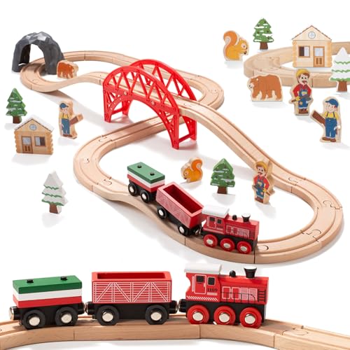 Giant bean Holzeisenbahn Set für Kleinkinder, 36 Pcs Wald Themen Holzeisenbahn Spielzeug, für Kinder, Jungen und Mädchen von 3–7 Jahren, Passend für Thomas The Train, Brio, Melissa & Doug und Zugtisch von Giant bean