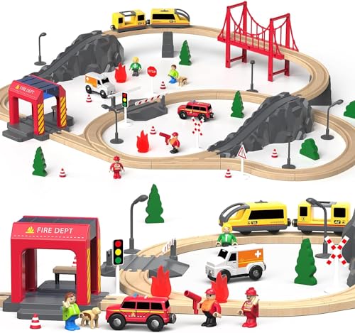 Holzeisenbahn Set 72-Teilen, Holzeisenbahn Schienen und Zugspielzeug, Modelleisenbahn-Set für Kleinkinder, Spielzeugeisenbahn-Set für Kinder im Alter Von 1–3 Jahren, Geschenk für Jungen und Mädchen von Giant bean