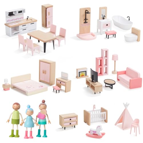 Puppenhaus-Möbel-Set aus Holz, 36-teilig, Möbel mit 4 Familienpuppen, Puppenhaus-Zubehör, Spielmöbel, Spielzeug für Jungen, Mädchen und Kleinkinder ab 3 Jahren, Rosa von Giant bean