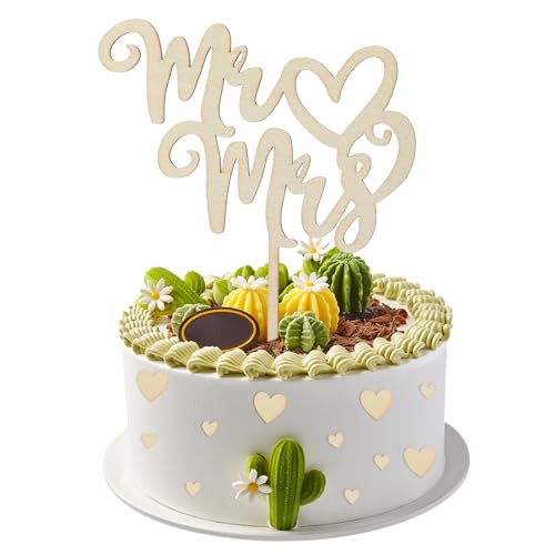 Giantree 1 Stück Holz Cake Topper Hochzeit, Mr & Mrs Deko Hochzeit Tortentopper Hochzeitstorte Cake Topper hochzeitstorte Mit 50 Pcs Herzen Für Hochzeitstorten Tortenstecker Jubiläum Verlobung Antrag von Giantree