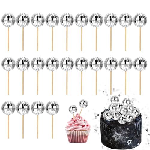 Giantree 24 Stück Discokugel Tortendeko, Disco Cupcake Toppers Discokugel Kuchen Toppers Disco Deko Silberne Spiegelkugel Mini Disco Kugeln Toppers für Disco-Thema Party Zubehör von Giantree