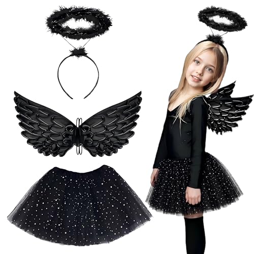 Gibocot 3 Stück Mädchen Gefallener Engel Kostüm Set mit schwarzem Tutu Rock, Dunklen Engelsflügeln & Heiligenschein, Halloween Verkleidung Outfit für 3-8 Jahre Kinder Trick or Treat Cosplay Karneval von Gibocot