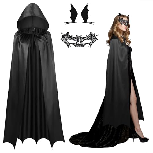 Gibocot 3 Stück Vampir Fledermaus Kostüm Set mit schwarzem Kapuzenumhang, Fledermaus Augenmaske & Flügel Haarspangen für Halloween Fasching Cosplay & Spukhaus Partys von Gibocot