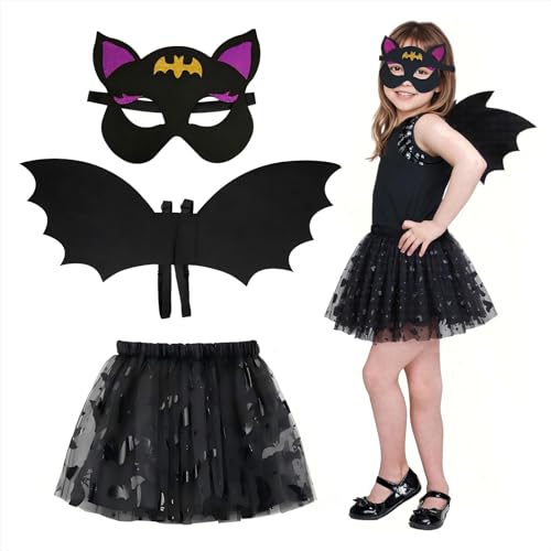 Gibocot 3-teiliges schwarzes Fledermausflügel-Kostüm für Mädchen, 3–10 Jahre, Halloween-Vampir-Kostüm, Outfit mit Tutu-Rock, Fledermaus-Augenmaske und Flügeln für Süßes oder Saures, Weltbuchtag von Gibocot