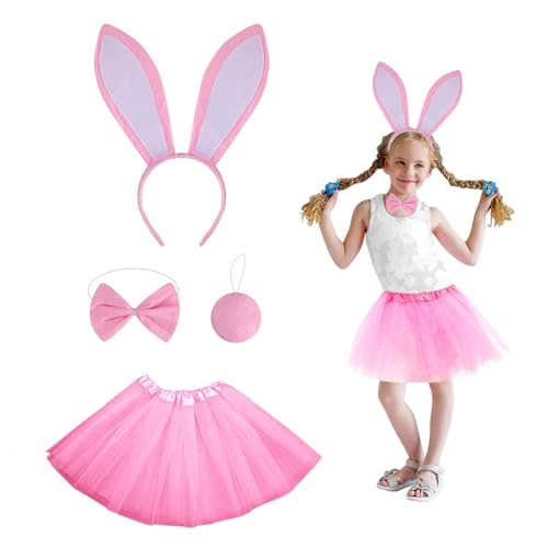 Gibocot 4-teiliges Hasenkostüm für Kinder, inklusive Hasenohren, Stirnband, Tutu, Rock, Schwanz, Fliege, rosa Kaninchen-Outfit, Zubehör für Mädchen im Alter von 4–9 Jahren, Ostern, Karneval, Welttag Gibocot 4-teiliges Hasenkostüm für Kinder, inklusive Hasenohren, Stirnband, Tutu, Rock, Schwanz, Fliege, rosa Kaninchen-Outfit, Zubehör für Mädchen im Alter von 4–9 Jahren, Ostern, Karneval, Welttag von Gibocot