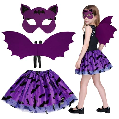 Gibocot Fledermausflügel-Kostüm für Mädchen im Alter von 3–10 Jahren, Halloween-Vampir-Kostüm, Outfit mit Tutu-Rock, Fledermaus-Augenmaske und Flügeln für Süßes oder Saures, Weltbuchtag, Cosplay von Gibocot
