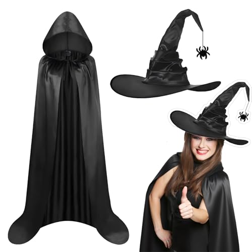 Gibocot Schwarzes Hexenkostüm für Damen und Erwachsene, 2-teiliges Halloween-Outfit mit 150 cm Kapuzenumhang und spitzem Hut, Verkleidung für Cosplay und Partys (160–180 cm) von Gibocot