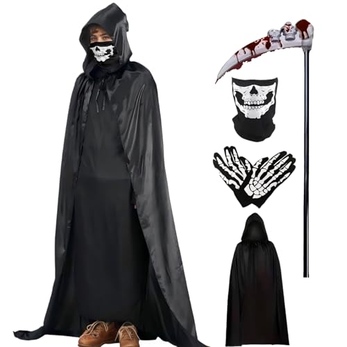 Gibocot Sensenmann-Kostüm für Erwachsene und Herren, 4-teiliges Halloween-Kostüm-Set mit 175 cm schwarzem Kapuzenumhang, Sense, Skelettmaske und Handschuhen für Spukhaus, Cosplay-Partys von Gibocot
