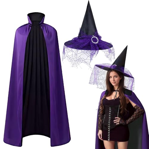 Gibocot Violettes Hexenkostüm für Damen, 2-teiliges Halloween-Outfit mit wendbarem Kragen, Umhang und spitzem Hut, Verkleidung UK für Cosplay & Spukhaus von Gibocot