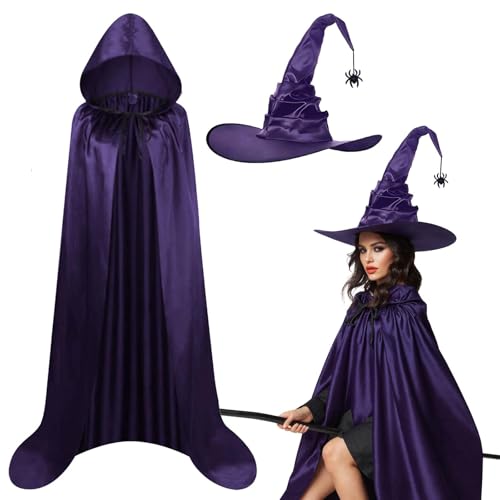 Gibocot Violettes Hexenkostüm für Damen und Erwachsene, 2-teiliges Halloween-Outfit mit 150 cm Kapuzenumhang und spitzem Hut, Verkleidung für Cosplay und Partys (160–180 cm) von Gibocot