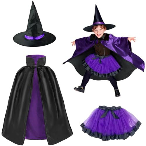 Gibocot Violettes Hexenkostüm für Kinder, 3-8 Jahre, 3-teiliges Halloween-Outfit mit Tutu-Rock, wendbarem Kragen, Umhang und spitzem Hut für Süßes oder Saures, Buchtag, Cosplay-Party von Gibocot