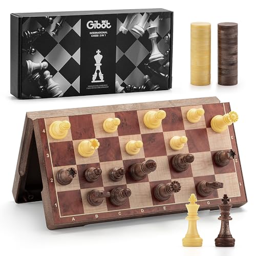 Gibot Magnetisches Schachspiel-Set, 2 in1 Schach und Dame, 23.3x23.3cm Reiseschachbrett, Klappbar, Ideal für Kinder und Erwachsene, Drinnen, Draußen, auf Reisen von Gibot