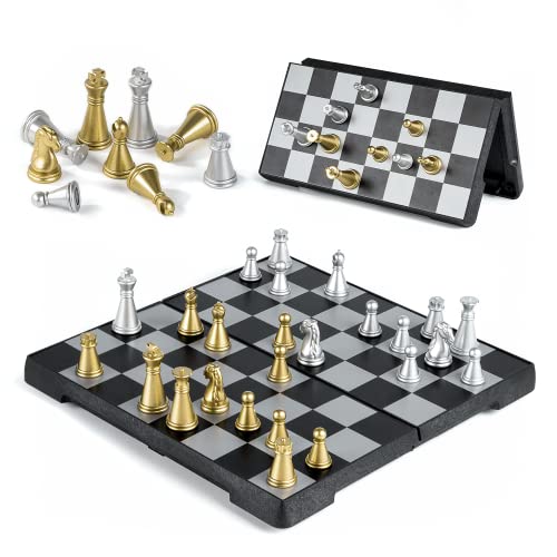 Gibot Mini Schachspiel magnetisch - Einklappbar Schachbrett Pädagogische Speil mit Magnetischem, Reisen, Silber und Gold - (16 cm x 16 cm) von Gibot