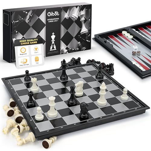 Gibot Schachspiel Magnetisch, 3-in-1 Schachspiel Hochwertig, Einklappbar Schachbrett, Reiseschach, Schach für Kinder und Erwachsene, Schwarz und Weiß 32 × 32 cm von Gibot