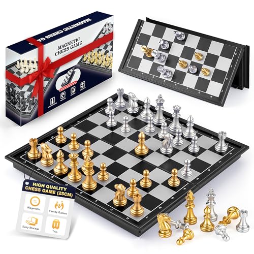 Gibot Schachbrett Magnetisch, Hochwertig Reise Schachbrett, Einklappbar Schachspiel Kinder, Schachspiel Reise Schachspiel Magnetisch für Kinder und Erwachsene (Gold und Silber-25 * 25cm) von Gibot