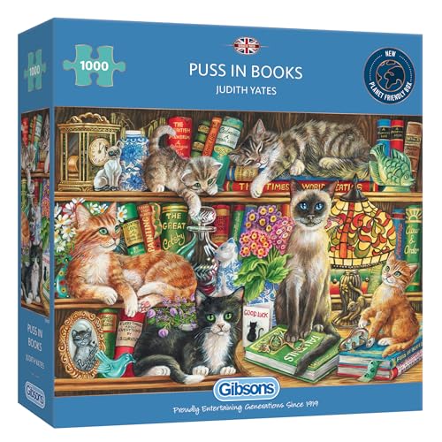 Puss in Books 1000 Teile Puzzle, Multi-Puzzle | Nachhaltiges Puzzle für Erwachsene | 100% recyceltes Premium-Parton | Tolles Geschenk für Erwachsene | Gibsons Games von Gibsons