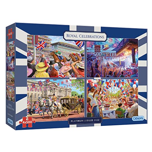 Gibsons GIBG5061 Royal Celebrations Platinum 4 x 500 Teile Queen's Jubilee Nachhaltiges Puzzle für Erwachsene | Premium 100% recyceltes Brett Games, verschieden von Gibsons