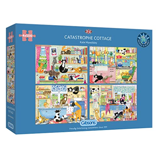 Catastrophe Cottage 4 x 500 Teile Puzzle | Multibox-Puzzle | Nachhaltiges Puzzle für Erwachsene | Premium 100% recyceltes Brett | Tolles Geschenk für Erwachsene | Gibsons Spiele von Gibsons