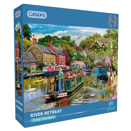 Gibsons River Retreat Puzzle, 1000 Teile, schönes buntes Kunstwerk, Kanalboote, nostalgisch, nachhaltig, für Erwachsene, Teenager, hochwertiges 100 % recyceltes Brett, tolles Geschenk | Gibsons Games von Gibsons