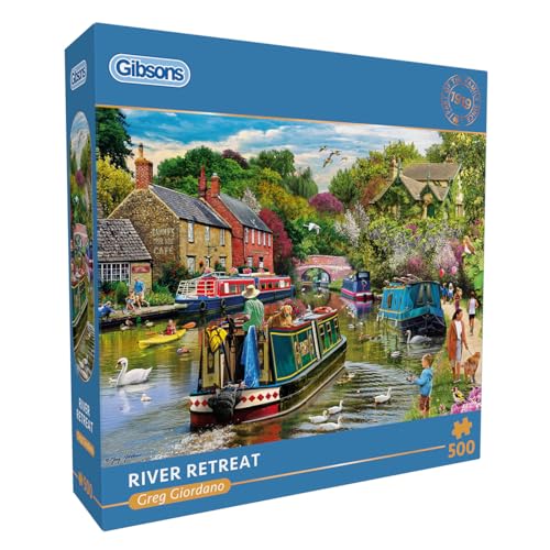 Gibsons River Retreat Puzzle, 500 Teile, schönes buntes Kunstwerk, Kanalboote, nostalgisch, nachhaltig, für Erwachsene, Teenager, hochwertiges 100% recyceltes Brett, tolles Geschenk | Gibsons Games von Gibsons