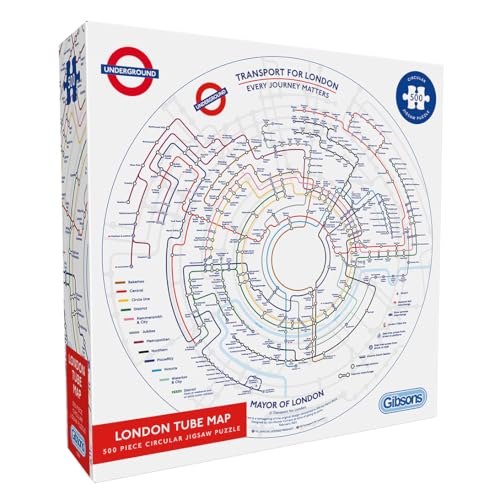 Gibsons TfL Runde U-Bahn-Karte, 500-teiliges rundes Puzzle für Erwachsene, Großbritannien, London, Verkehr, hergestellt in Großbritannien, nachhaltiges Premium, 100% recyceltes Brett, tolles Geschenk von Gibsons