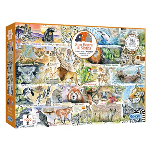 Sonnenbären und Faultiere | 1000 Teile Puzzle | Val Stieglitz | Gefährdete Tierpuzzle | Nachhaltiges Puzzle für Erwachsene | 100% recyceltes Premium-Puzzle | Tolles Geschenk für Erwachsene | Gibsons von Gibsons