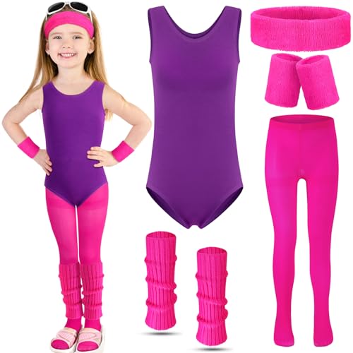 Giegxin 80er Jahre Kinder Trainingskostüm Halloween Outfit Zubehör Neon Gymnastikanzug Stirnband Leggings Beinstulpen (Rosarot, Lila, L) von Giegxin