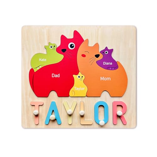 GifXify Personalisierte Holzpuzzle mit Name - Personalisierte Geschenke Baby - Montessori Spielzeug ab 1 Jahr, 2 Jahre - Steckpuzzle Holz mit Namen - Motorikspielzeug Kinder ab 1 Jahren (Cats) von GifXify