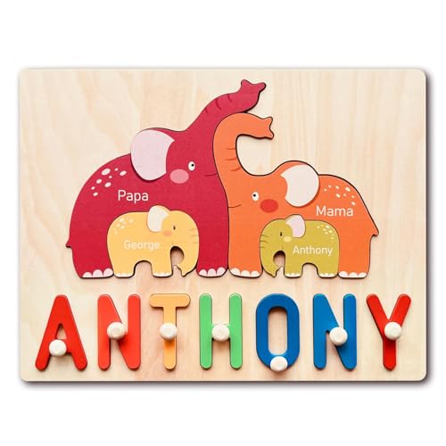 GifXify Personalisierte Holzpuzzle mit Name - Personalisierte Geschenke Baby - Montessori Spielzeug ab 1 Jahr, 2 Jahre - Steckpuzzle Holz mit Namen - Motorikspielzeug Kinder ab 1 Jahren (Elephants) von GifXify