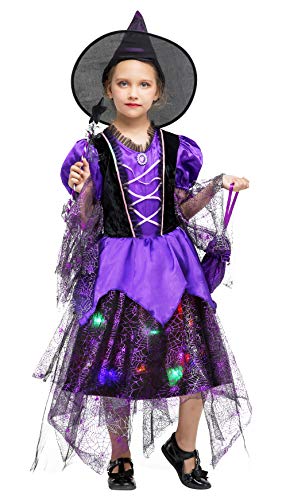 Gift Tower 4er Hexenkostüm Mädchen LED Hexenkleid Kinder Halloween Kostüm für Halloween Karneval Fasching Cosplay Kleid + Hexenhut + Beutel + Zauberstab Violett L/für 7-9 Jahre von Gift Tower