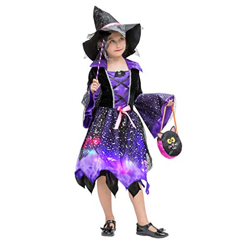Gift Tower 4er Hexenkostüm Mädchen LED Hexenkleid Kinder Halloween Kostüm für Halloween Karneval Fasching Cosplay Kleid + Hexenhut + Beutel + Zauberstab Violett XL/für 10-12 Jahre von Gift Tower