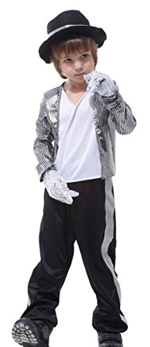 Gift Tower Kostüm Kinder Fasching Halloweenkostüm Verkleidung Kostüm Michael Jackson Jungen Silber L/für 120-130cm von Gift Tower
