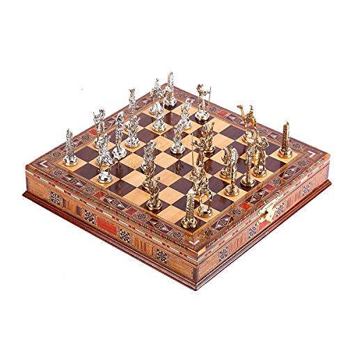 GiftHome Historical Egypt Pharaoh Figures Metal Chess Set for Adult,Handmade Pieces and Natural Solid Wooden Chess Board with Pearl Design Around Board and Storage Inside King 3.4inc von GiftHome