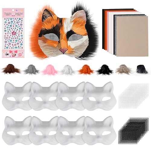 Giftota 8 Stück Katzenmasken zum Bemalen, DIY Papier Maske mit 10 Filz, 8 Kuns Fell und 20 Eye Mesh, DIY Weiße Maske, Weiße Halbmasken, Therian Mask, für Maskerade, Halloween, Karneval, Cosplay Giftota 8 Stück Katzenmasken zum Bemalen, DIY Papier Maske mit 10 Filz, 8 Kuns Fell und 20 Eye Mesh, DIY Weiße Maske, Weiße Halbmasken, Therian Mask, für Maskerade, Halloween, Karneval, Cosplay von Giftota