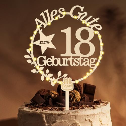 Giftota Cake Topper 18. Geburtstag Holz mit LED Lichterkette - 18. Geburtstag Deko Jungen Mädchen - Tortendeko 18. Geburtstagsdeko - Kuchen Deko für 18. Geburtstagsdeko von Giftota