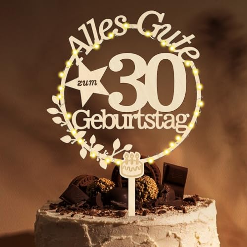Giftota Cake Topper 30. Geburtstag Holz Mit LED Lichterkette - Deko Und Tortendeko - Kuchen Deko für Frauen Und Männer von Giftota