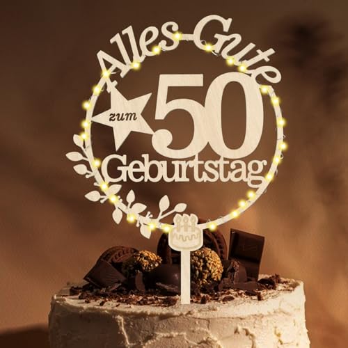 Giftota Cake Topper 50. Geburtstag Holz Mit LED Lichterkette - Deko Und Tortendeko - Kuchen Deko Für Frauen Und Männer von Giftota