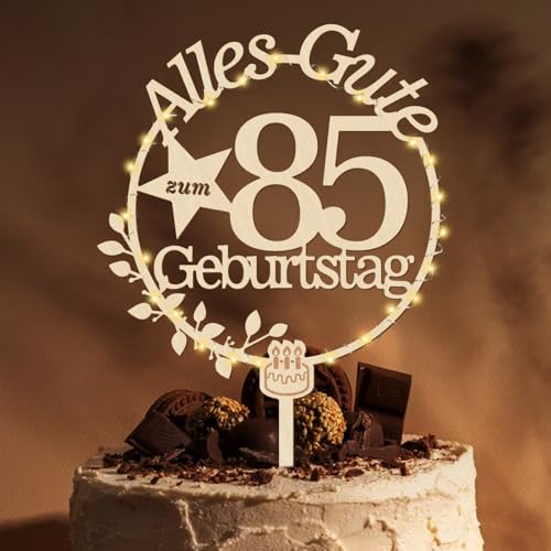 Giftota Cake Topper 85. Geburtstag Holz mit LED Lichterkette - 85. Geburtstag Deko Frauen Männer - Tortendeko 85. Geburtstagsdeko - Kuchen Deko für 85 Jahre von Giftota