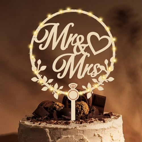 Giftota Cake Topper Hochzeit Holz Mit LED Lichterkette - Tortendeko "Mr und Mrs" - Hochzeitstorte Deko von Giftota