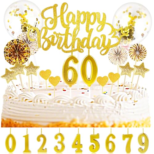 Giftota Tortendeko 30 40 50 60 Geburtstag Mann Frau, 30 Stück Gold Cake Topper Geburtstag Deko, Kuchendeko mit Geburtstagskerzen Konfetti Luftballons Papierfächer von Giftota