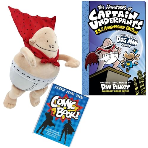 Dav Pilkey Adventures of Captain Underpants Spielzeug-Geschenkset mit speziellem 25 1/2 Jubiläum & brandneuem Hundemann-Buch, Superhelden-Plüschcharakter, und erstellen Sie Ihre eigene von Gifts by We 3 Books