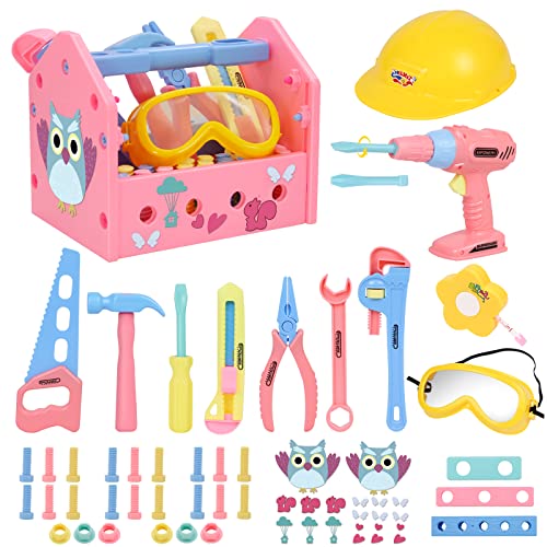 Gifts2U Mädchen Werkzeugkoffer Kinder Spielzeugbohrer mit Baukappe, Schutzbrille, Werkzeugkasten, Maßband, Spielzeug für 3 4 5 6 Jahre alt von Gifts2U