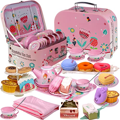 Gifts2U Teeservice Kinder 41PCS Tee set inkl Zinn Teekanne,Dessert Spielzeug, Kekse, Donut,Kuchen, Tischdecke und Tragetasche, Küchenspiel, für Kinder ab 3 4 5 6 Jahren von Gifts2U