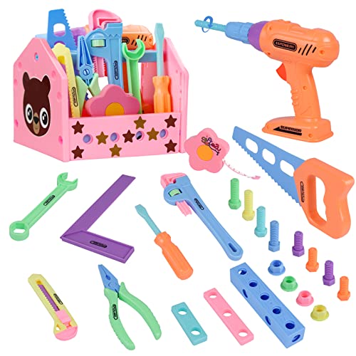 Gifts2U Werkzeugkoffer Kinder Mädchen Spielzeug Set,30pcs Kinderwerkzeug Lernspielzeug Koffer Montessori Werkzeug mit Spielzeugbohrer Rosa BAU Werkzeugkasten Kit für Kinder ab 3 4 5 6 7 Jahren von Gifts2U