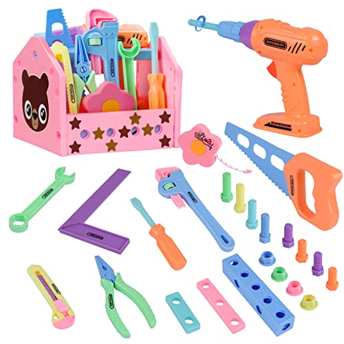 Gifts2U Mädchen Spielzeug Werkzeug Set, 30Pcs Werkzeugkoffer Kinder Werkzeug mit Spielzeugbohrer und Tragetasche, rosa BAU Werkzeugkasten Kit für Kinder im Alter von 3 4 5 6 7 Jahren von Gifts2U