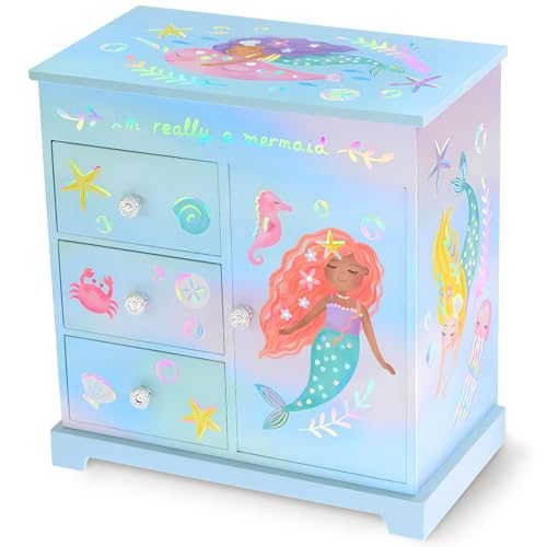 Giggle & Honey Musikalisches Meerjungfrau-Schmuckkästchen für Mädchen - Kinder Spieluhr mit Spiegel, Meerjungfrau Geschenke für kleine Mädchen Geburtstag, Alter 3-10 -22,9 x 12,7 x 23,5 cm, Blau von Giggle & Honey