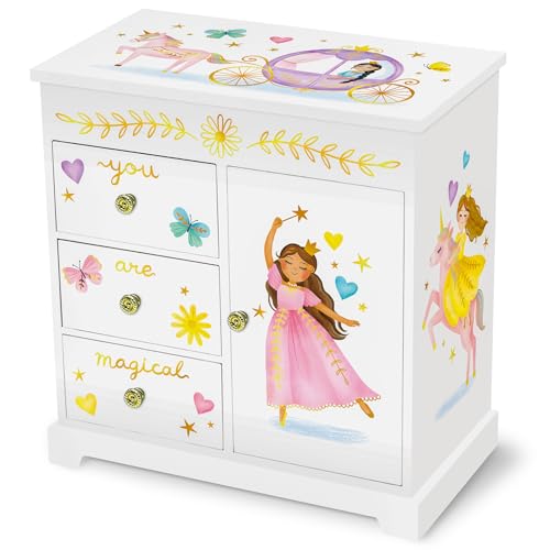Musikalisches Prinzessin-Schmuckkästchen für Mädchen - Kinder Spieluhr mit Spiegel, Prinzessin Geschenke für kleine Mädchen Geburtstag, Schmuckkästchen für Alter 3-10 - 24,1 x 19,7 x 24,1 cm, Weiß von Giggle & Honey