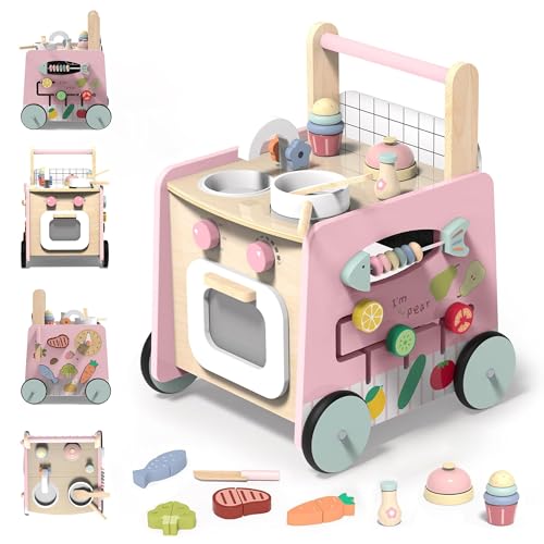 Gigglegems Pink Wooden Kitchen-Themed Activity Walker & Doll Stroller 2-in-1 Convertible Baby Push Toy for Toddlers, Learning & Pretend Play, Push and Pull Walkers with Wheel for Girls von GiggleGems